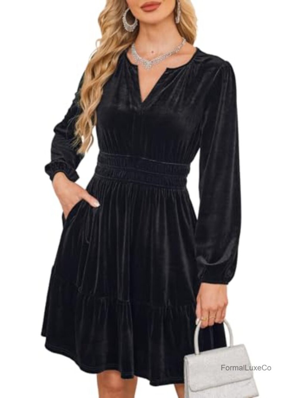 Velvet V-Neck Empire Waist Long Sleeve Party Mini Dress with Pockets